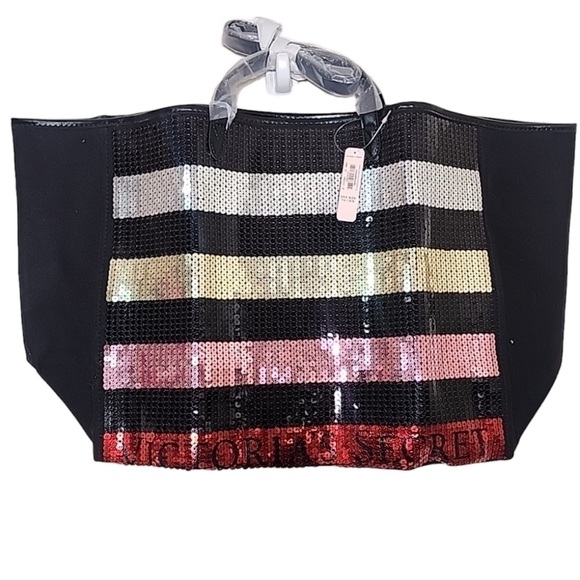 Nwt VICTORIA'S SECRET STRIPED SEQUIN BLACK PINK RED LOGO TOTE - Picture 7 of 13